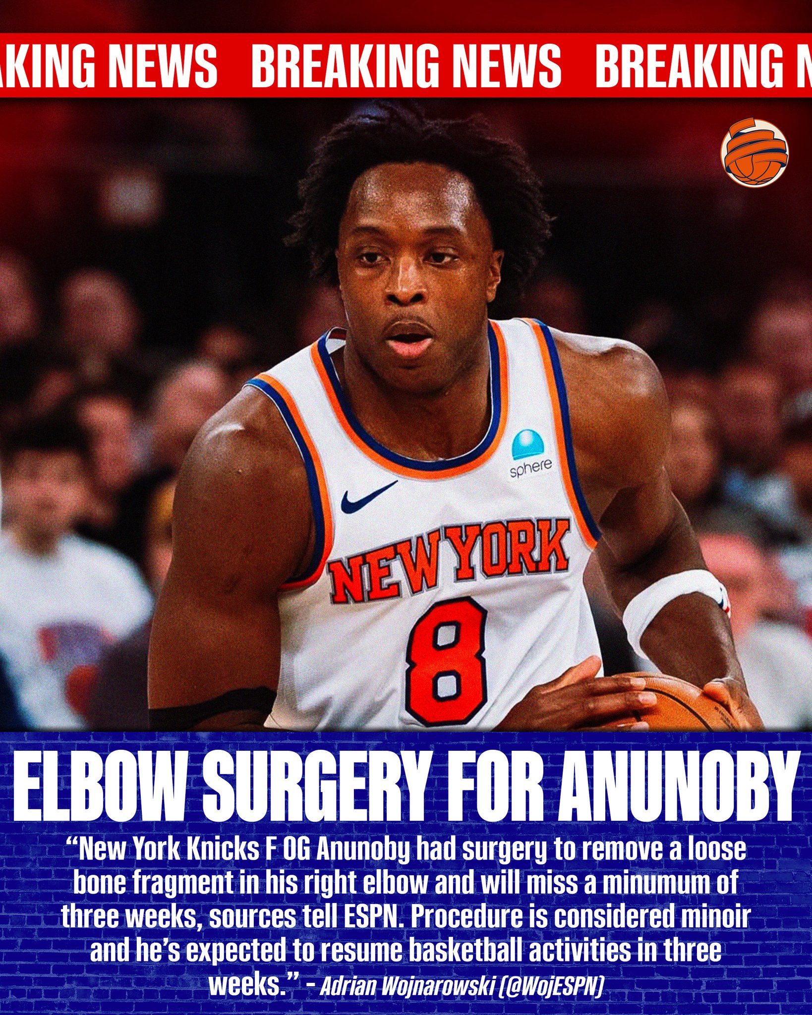 New York Knicks' OG Anunoby has surgery, to miss minimum of three