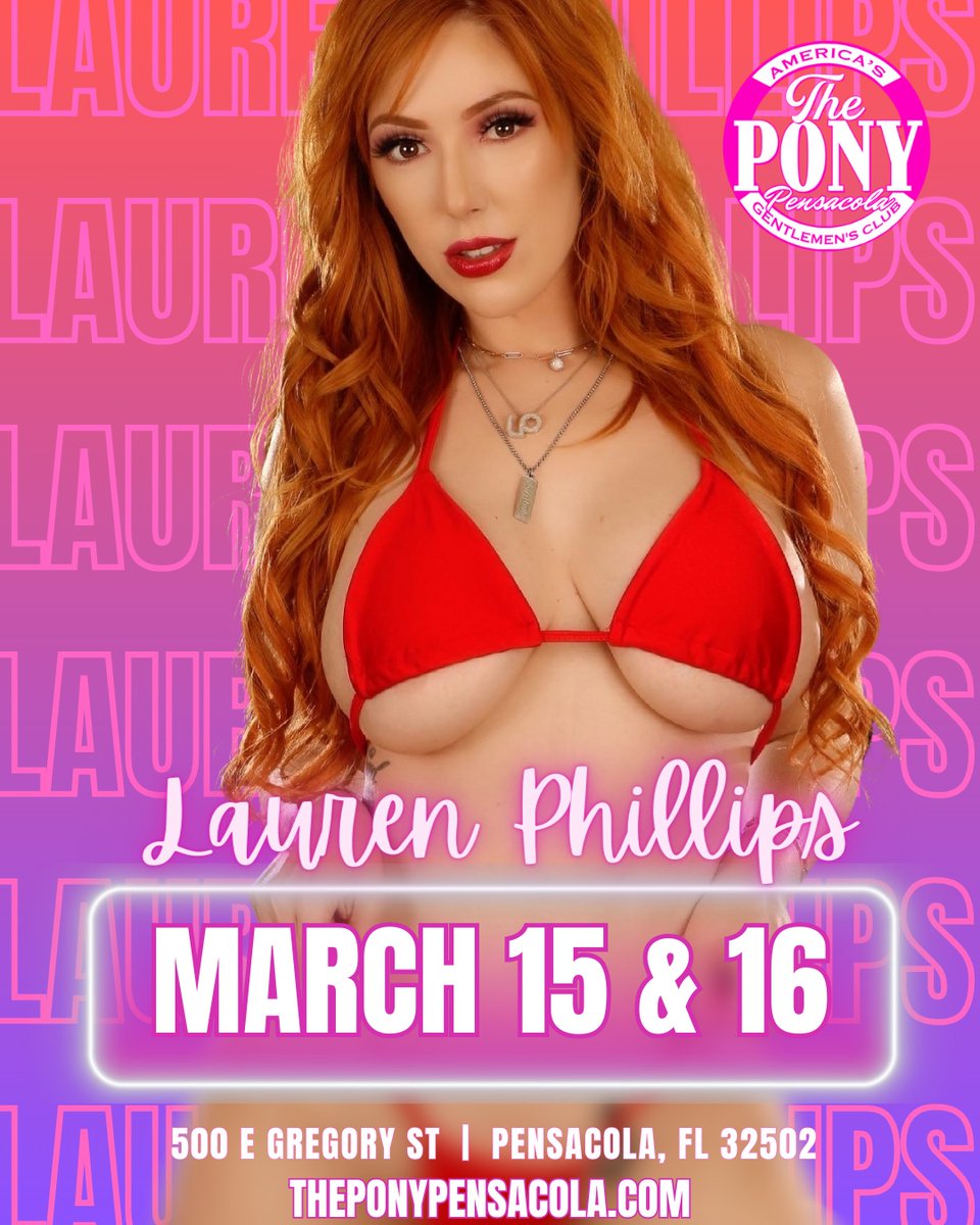 PonyPensacola's tweet photo. 🎉 Get ready to party with the ultimate ginger, Lauren Phillips, at the Pony Pensacola! 🍾 She'll be here for two nights - March 15 & 16. 🎊 Don't miss out on the chance to see her live! 💃🏼 Get here early to snag the best seats. 🎉 #LaurenPhillips #Ginger #UltimateParty #Pon... https://t.co/Z3533sOuLI