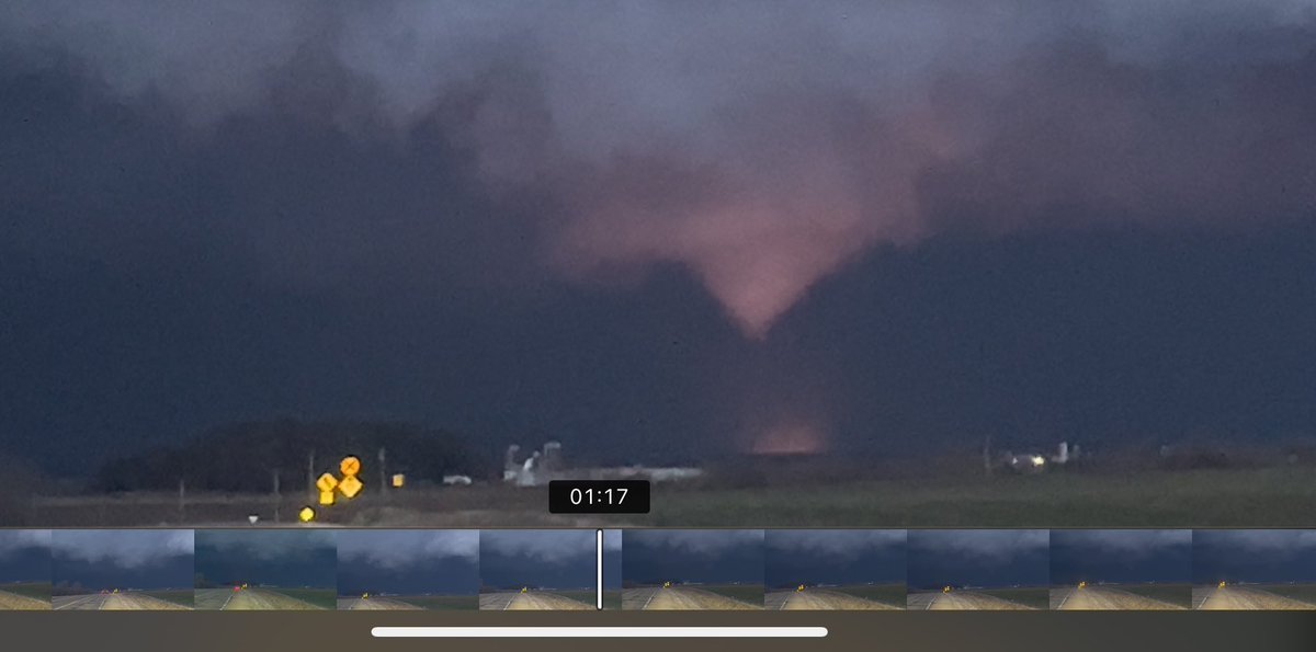 Video screenshot of large cone tornado and power flash outside Albany Wisconsin a few minutes ago. #wiwx @NWSMilwaukee