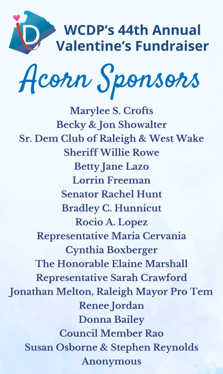 Thank you, Acorn Sponsors! It's not too late to join us for our 44th Annual Valentine’s Day Celebration on February 13th! We have a handful of tickets and several sponsorship opportunities still available at wakedems.org/valentines