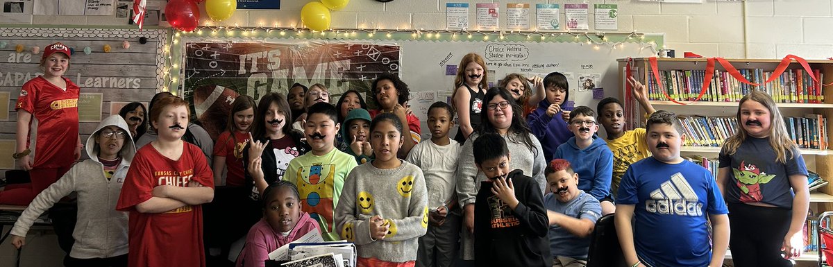 jacqueleo30's tweet photo. We celebrated the Chiefs today by dressing up as Andy Reid with some fun mustaches and doing a fraction Super Bowl math competition! We're ready to cheer on our Chiefs!! ❤️💛 #NKCSDChiefs #chapelhillchamps https://t.co/WCUfqmYTJ1