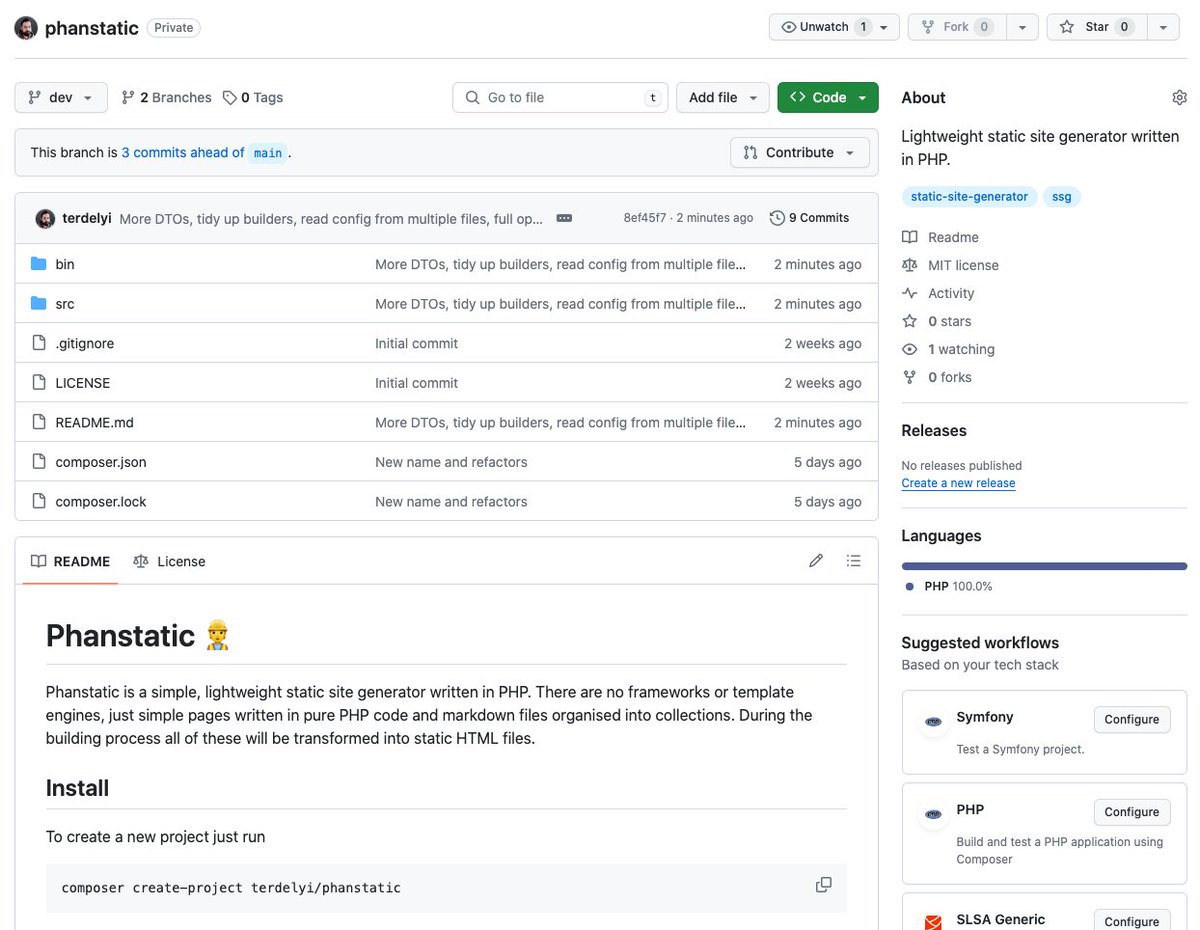 terdelyi's tweet photo. I can finally confirm: yes, I'm working on a dead simple, open-source, static site generator called Phanstatic written in PHP. It has no template engines or frontend libraries, just pure PHP and markdown files. I intentionally kept the dependencies on a low level.