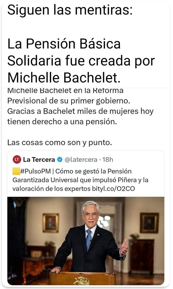 Radar_C_L's tweet photo. Usuarios en rrss desmienten a @latercera por  la gestión de la Pensión Básica Solidaria. Situación similar se dio con la aprobación del Matrimonio Igualitario que fue presentado por Bachelet, pero votado en contra ChileVamos. Cada ocasión es buena inventar otra mentira https://t.co/u2jFMOTyNW