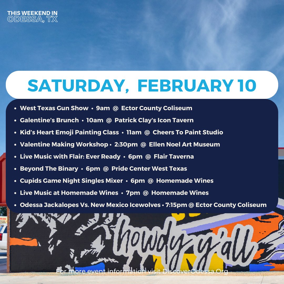 Let the Valentine's celebrations begin 💘

📅 To view our calendar and for event details, click here: bit.ly/OdessaTXEvents or click the link in our bio. 

📸 Be sure to tag #DiscoverOdessa on your next adventure on town! 

#ThingsToDoinOdessa #OdessaTX #OdessaTXEats