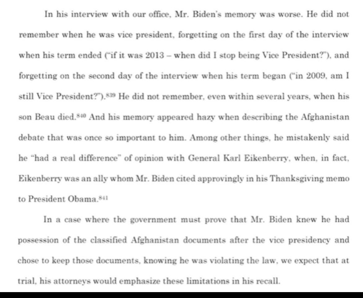 Truly astonishing. The US Department of Justice formally laying out evidence that the sitting President of the United States IS NOT COMPETENT TO STAND TRIAL. He cannot remember when he was Vice President, but this man has the nuclear codes….