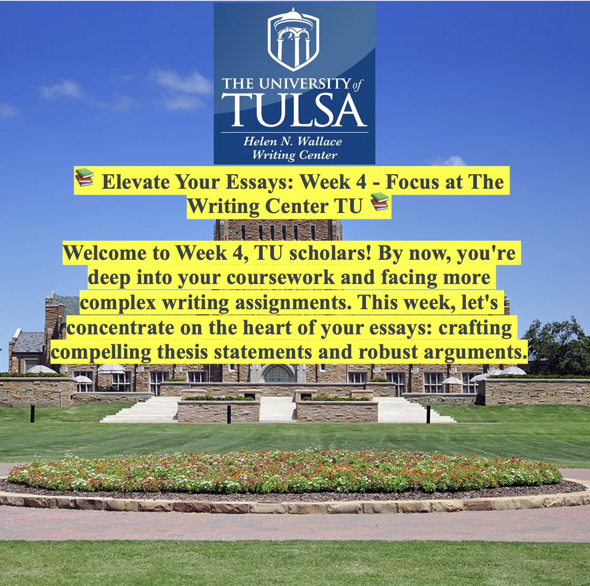 UTulsaWC's tweet photo. This week's writing wisdom: crafting a strong thesis

Clarify your argument: your thesis statement should clearly express the main idea of your essay, serving as a roadmap for your readers. https://t.co/9z20qMQ5PN