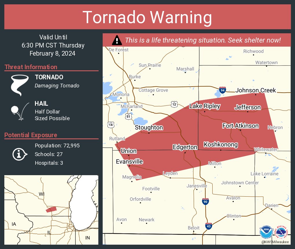 NWStornado's tweet image. Tornado Warning including Stoughton WI, Fort Atkinson WI and  Jefferson WI until 6:30 PM CST