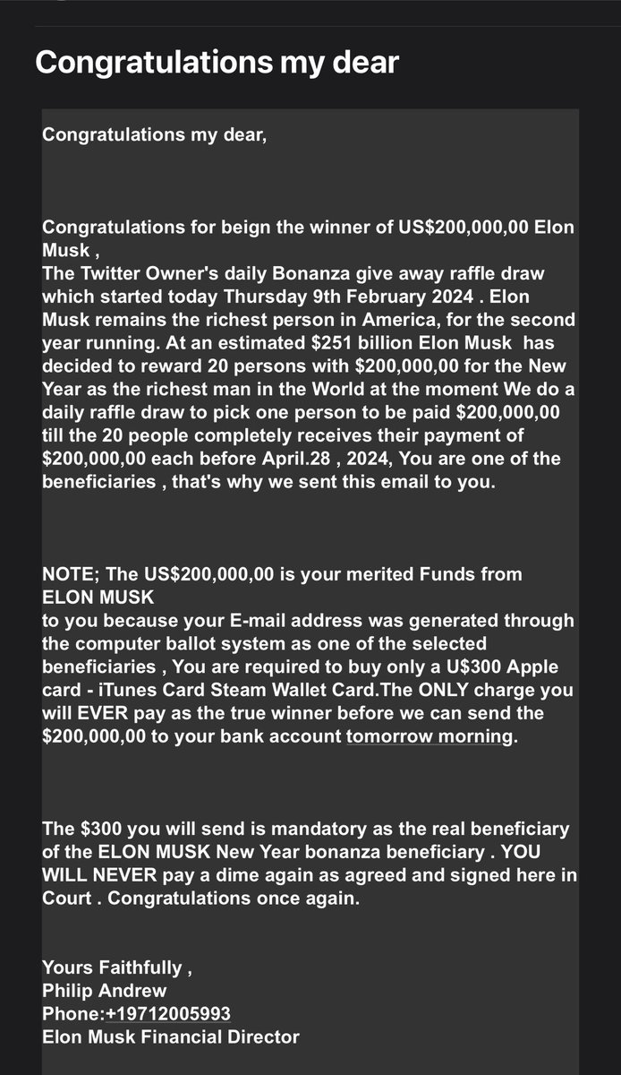 Krisjam72's tweet photo. @elonmusk 
Hi I received this email ,  from an
Philip Andrew
Phone:+19712005993
Elon Musk Financial Director,
Just thought you would like to know this person is promising people things under your name https://t.co/Fnhufe2nn1