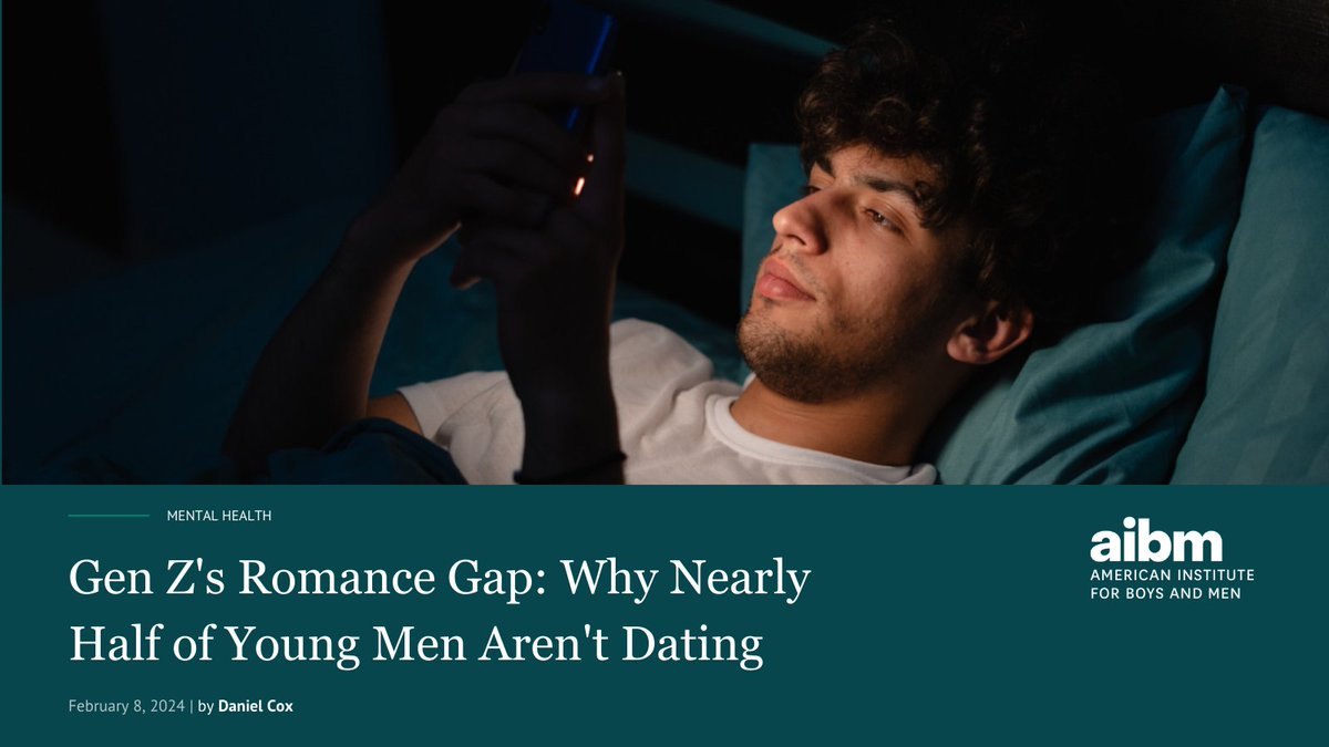 aibm_org's tweet photo. 1/ Nearly half of Gen Z men aren’t dating.

@dcoxpolls from @AEI explains how technology, parenting, and cultural shifts are changing the way the youth view relationships. 

Read more in our latest commentary: https://t.co/ROfLHt7Eo3 https://t.co/BBuY2ty1uk
