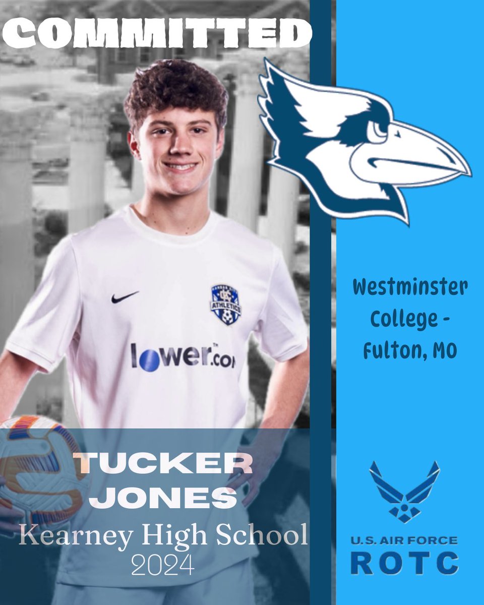 TuckerJonesKCA2's tweet photo. I’m excited to announce my commitment to Westminster College in Fulton, Mo as well as joining the United States Air Force ROTC program. Thank you to everyone who has supported me on this journey. Thank you Coach O’Connor for the opportunity. Go Blue Jays!! ⚽️⚽️ https://t.co/eDg9SRpgLM