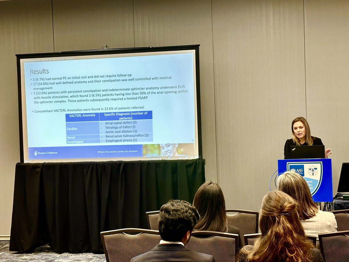 The Nandivada Lab is on a roll! Another amazing talk by @HaleyEtskovitz & her team today on clinical outcomes in children referred for evaluation of anterior ectopic anus 👏🏼 @BCHPedSurg @DrPrathima @ArsamHaroon_ @AcademicSurgery #ASC2024