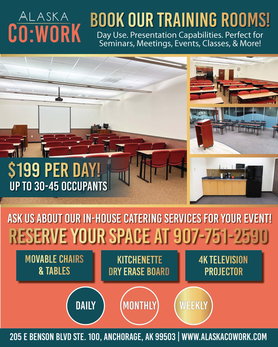 alaskacowork's tweet image. Looking for the perfect space to host your next seminar, training, or class? Look no further! Alaska Co:Work is thrilled to offer Training Room Rentals for just $199/Day! 
.
.
.
#AlaskaCoWork #trainingrooms #eventspaces #alaskabusiness #seminars #trainings #buyalaska