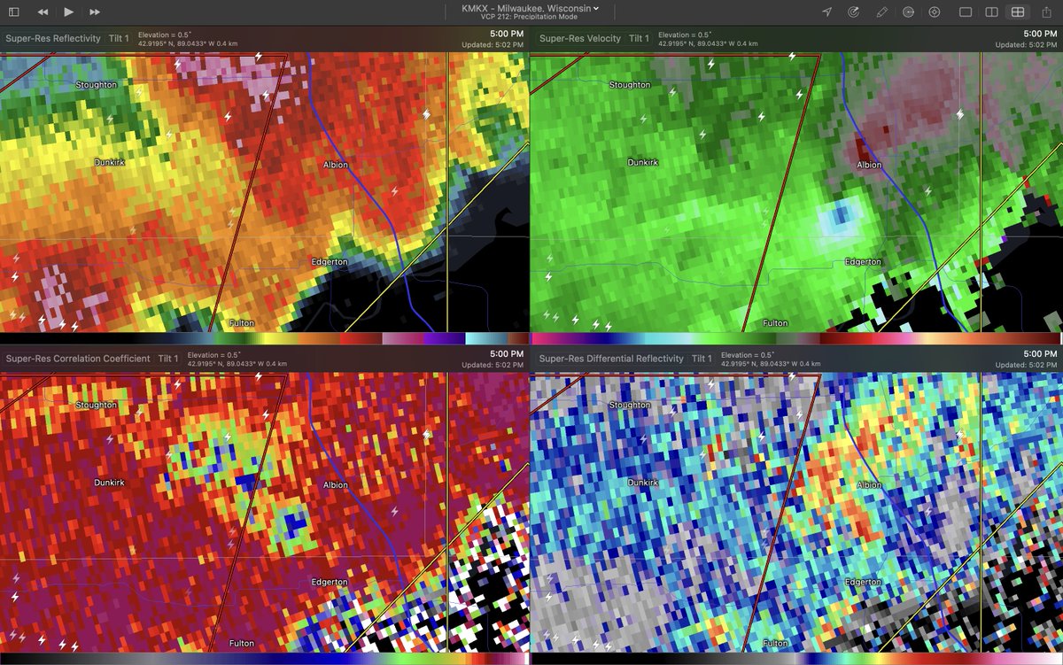 Low correlation coefficient downstream of ongoing dangerous tornado near Albion, WI indicative of debris fallout - likely a strong tornado. Albion and areas northeast need to take shelter now. Stay off the interstate southeast of Madison #wiwx