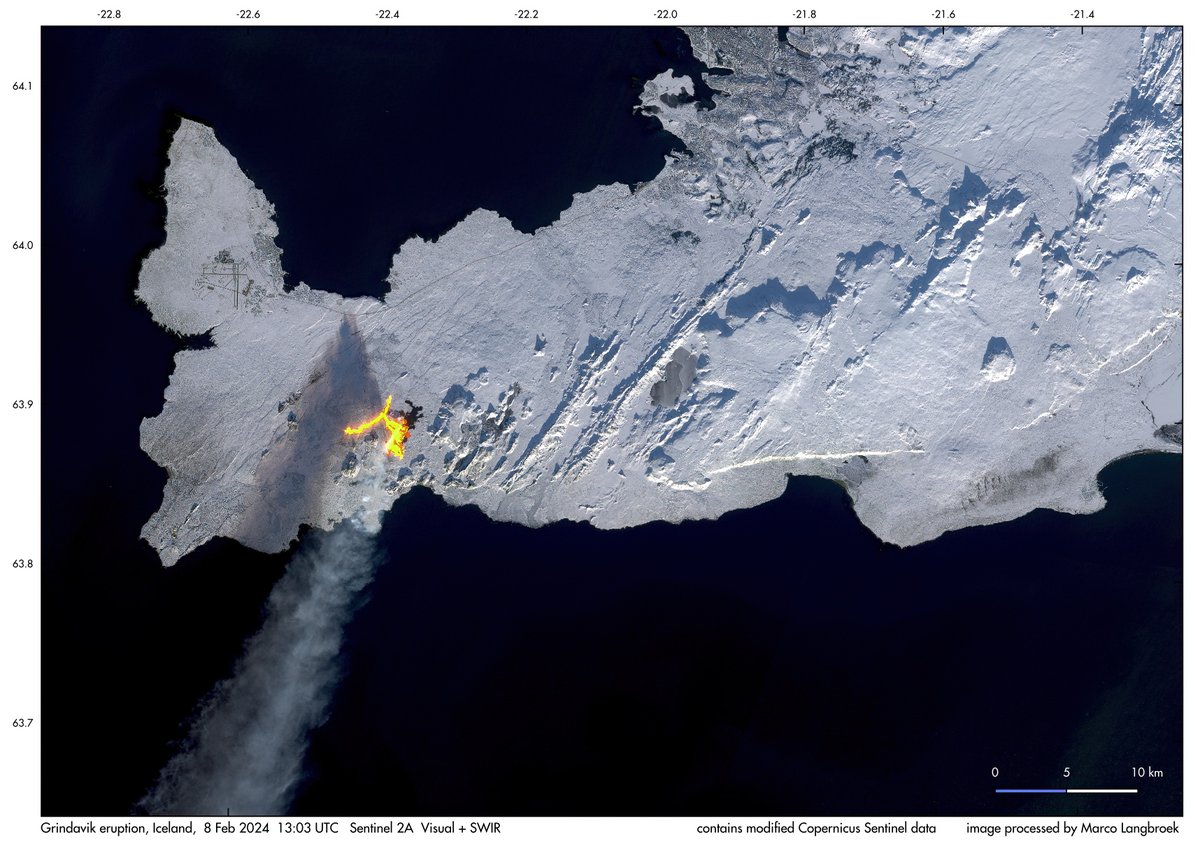 Marco_Langbroek's tweet photo. 1/2
The renewed volcanic #eruption near #Grindavik, on the Reykjanes peninsula of #Iceland, in a cloudless @CopernicusEU Sentinel 2A satellite image from mid-8 February.
Combined natural colour + SWIR.
@samgerrits https://t.co/g8suH1xFfM