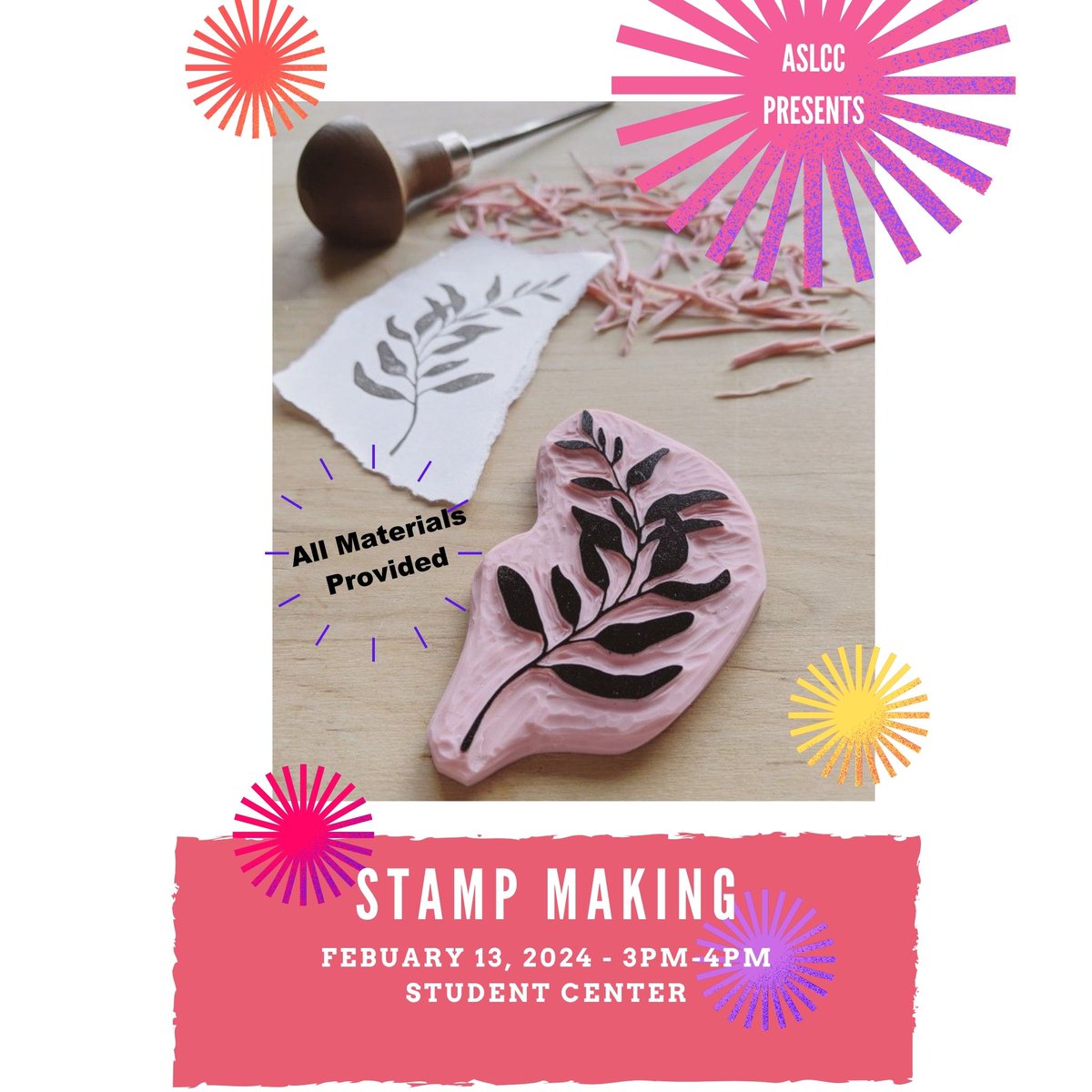 LowerCC's tweet image. Join ASLCC in February 13th from 3-4pm in the Student Center for the Stamp Making event! #LCCevents #ASLCC #LCClife #lowercolumbiacollege #lowercc