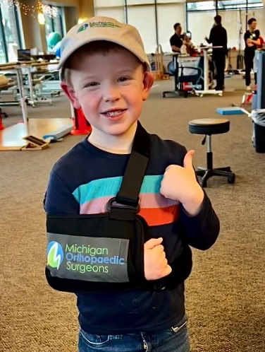 Meet Henry – one of our most recent patients – who suffered a minor setback with a fractured collarbone. Today, Henry took a giant leap toward recovery when he visited Dr. Ehab Saleh and our amazing pediatric orthopaedic team.
