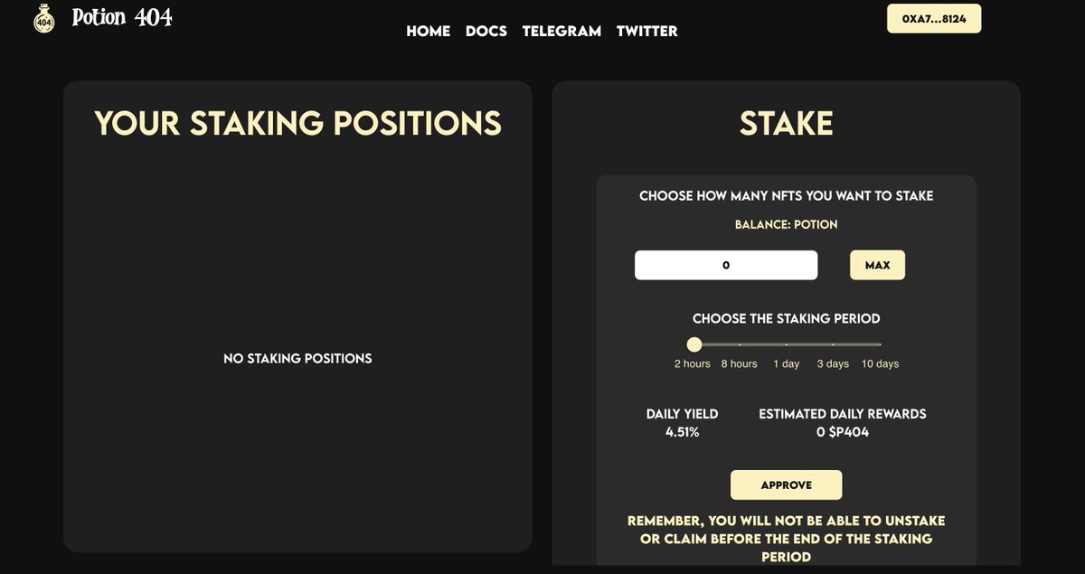 Potion404's tweet photo. Wizards, you can already stake you're potion on our dApp. 

2h:  4.51%
8h:  7.22%
1D:   10.31%
3D:  16.5%
10D: 23.25%

This ur estimated daily rewards. 

Remember, you will not be able to unstake or claim before the end of the staking period https://t.co/S1hSikGqGh