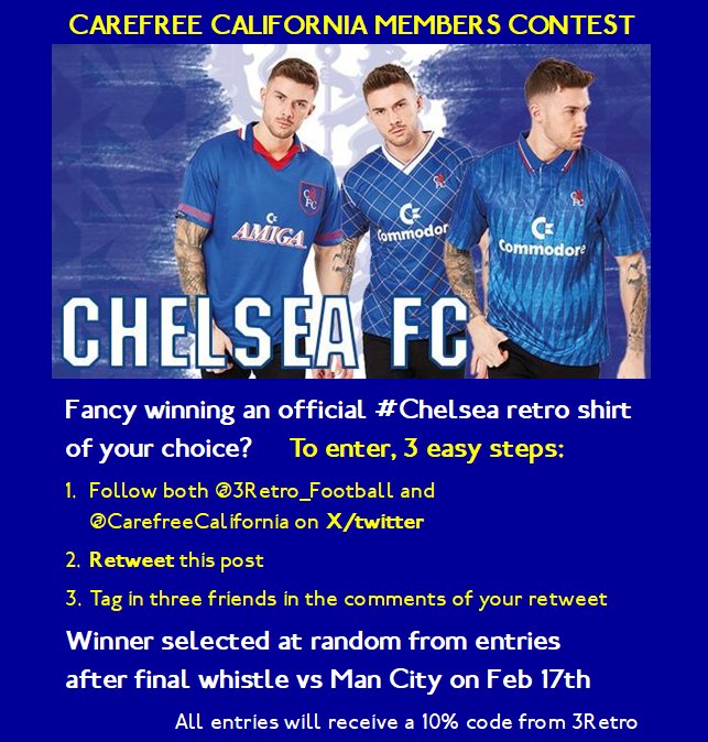 Fancy winning an official #Chelsea retro shirt of your choice? Follow <a href="/3Retro_Football/">3Retro_Football</a> @CarefreeCalifornia, retweet this, &amp; tag 3 friends in the replies. Winner will be drawn after full time vs City on 2/17! All entries will receive a 10% promo code from 3Retro.