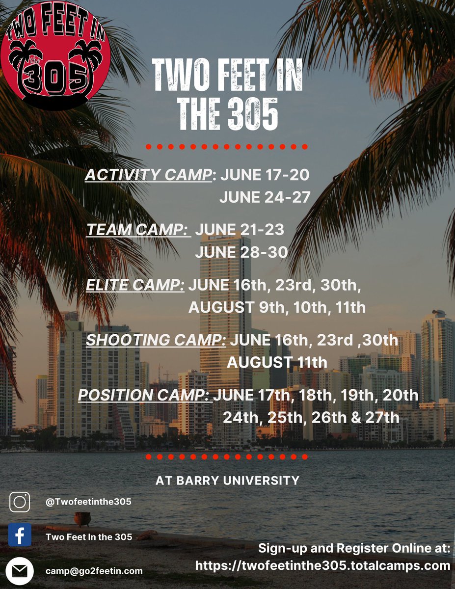 Two Feet In the 305 (@twofeetinthe305) on Twitter photo Join us this summer for an unforgettable basketball camp experience!  Mark your calendars for these Camp Dates and get ready to elevate your game on the court. Don't miss out on the fun, skills development, and camaraderie! Reserve your spot now! 🔥🏀#SummerBasketballCamp Join us this summer for an unforgettable basketball camp experience!  Mark your calendars for these Camp Dates and get ready to elevate your game on the court. Don't miss out on the fun, skills development, and camaraderie! Reserve your spot now! 🔥🏀#SummerBasketballCamp