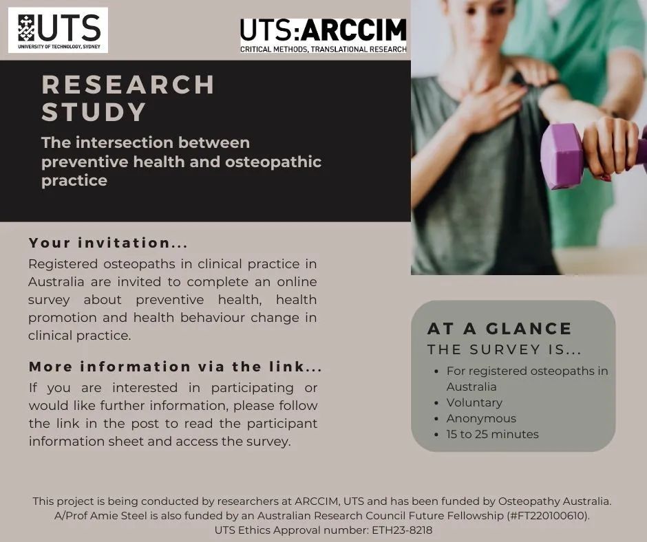 Osteopaths in Australia are invited to complete a survey and enter a draw for a $100 gift voucher. The survey will exploring osteopaths' experiences and beliefs regarding providing preventive health as part of clinical practice. More info here: ➡️ buff.ly/4bKcZPF