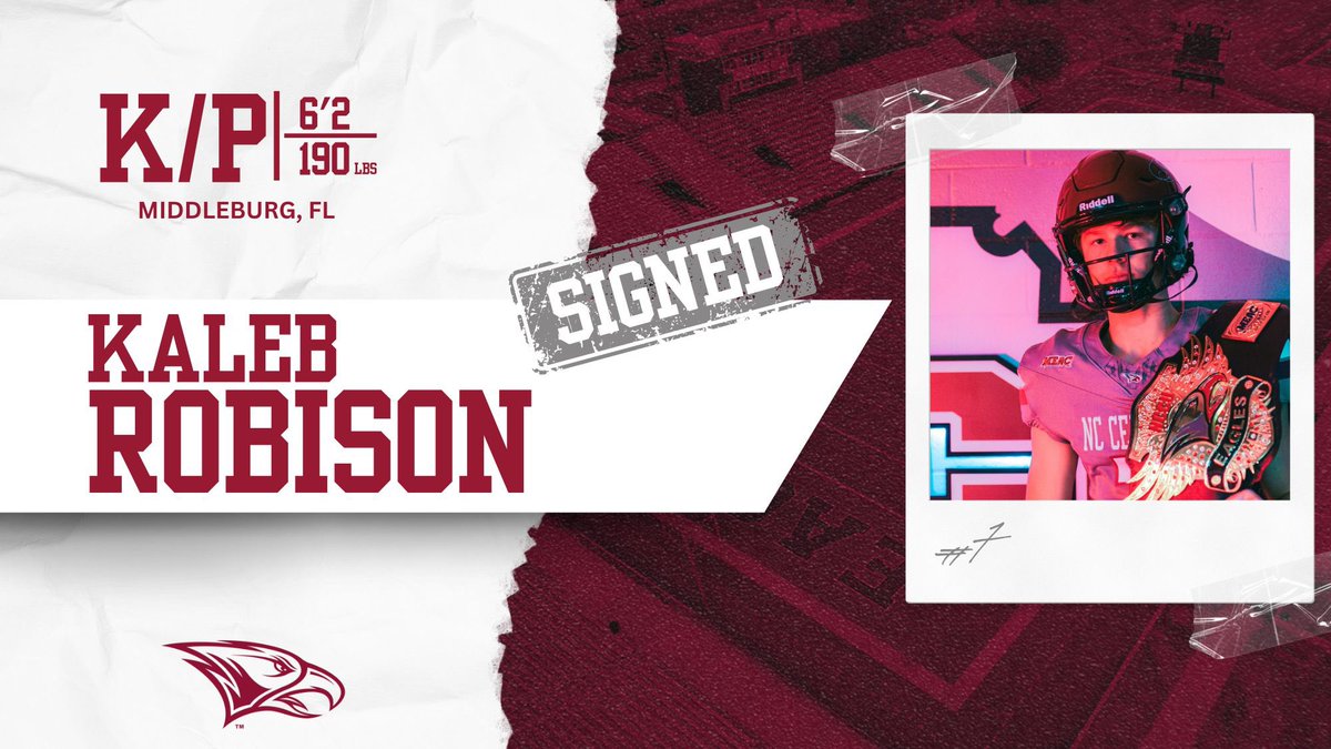 NC CENTRAL FB | 🦅🏆🦅 (@nccu_football) on Twitter photo WELCOME TO THE #NCCU FAMILY! Kaleb Robison, K/P, 6-2, 190. Middleburg HS (Middleburg, Fla.). Times-Union All-First Coast Third Team Offense. Season-long, 54-yard FG. Averaged 37.3 yards/punt.  
SIGNING DAY CENTRAL: 
nccueaglepride.com/news/2024/2/6/…
#EaglePride #BeGREAT <a href="/Kalebrobison06/">Kaleb Robison</a> WELCOME TO THE #NCCU FAMILY! Kaleb Robison, K/P, 6-2, 190. Middleburg HS (Middleburg, Fla.). Times-Union All-First Coast Third Team Offense. Season-long, 54-yard FG. Averaged 37.3 yards/punt.  
SIGNING DAY CENTRAL: 
nccueaglepride.com/news/2024/2/6/…
#EaglePride #BeGREAT <a href="/Kalebrobison06/">Kaleb Robison</a>