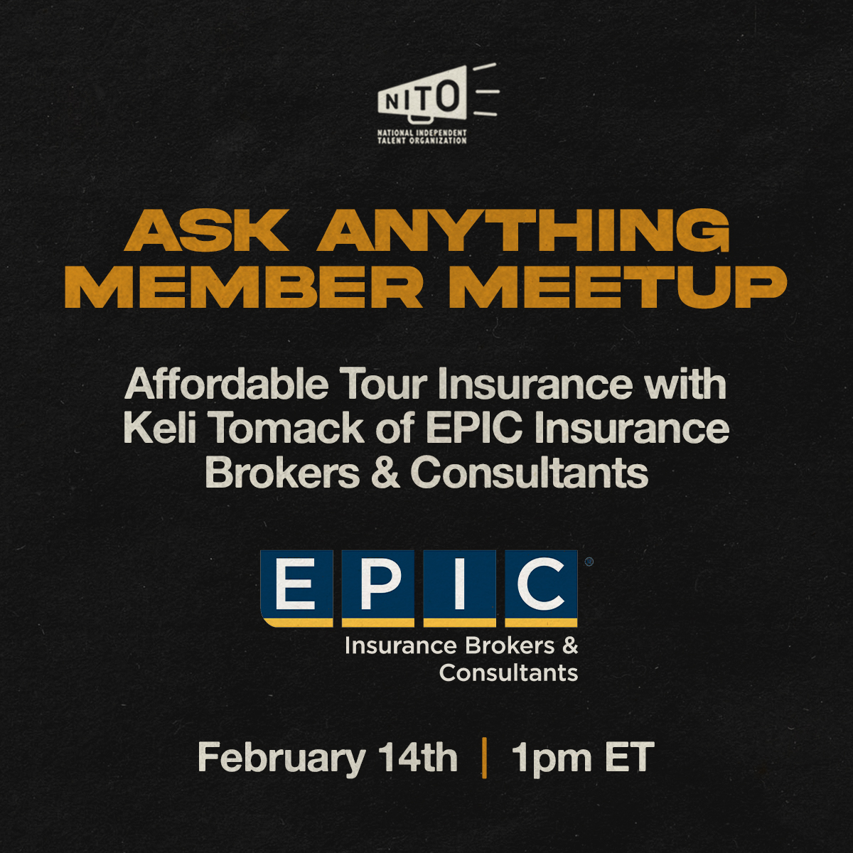 📣 MEMBERS: Our next Ask Anything Member Meetup will take place on Wed, February 14th at 1PM ET and will feature Keli Tomack of @EPIC_Insurance! Keli will join us to discuss the new Independent Artist Tour Insurance Program. Check the latest newsletter for registration info! 📧