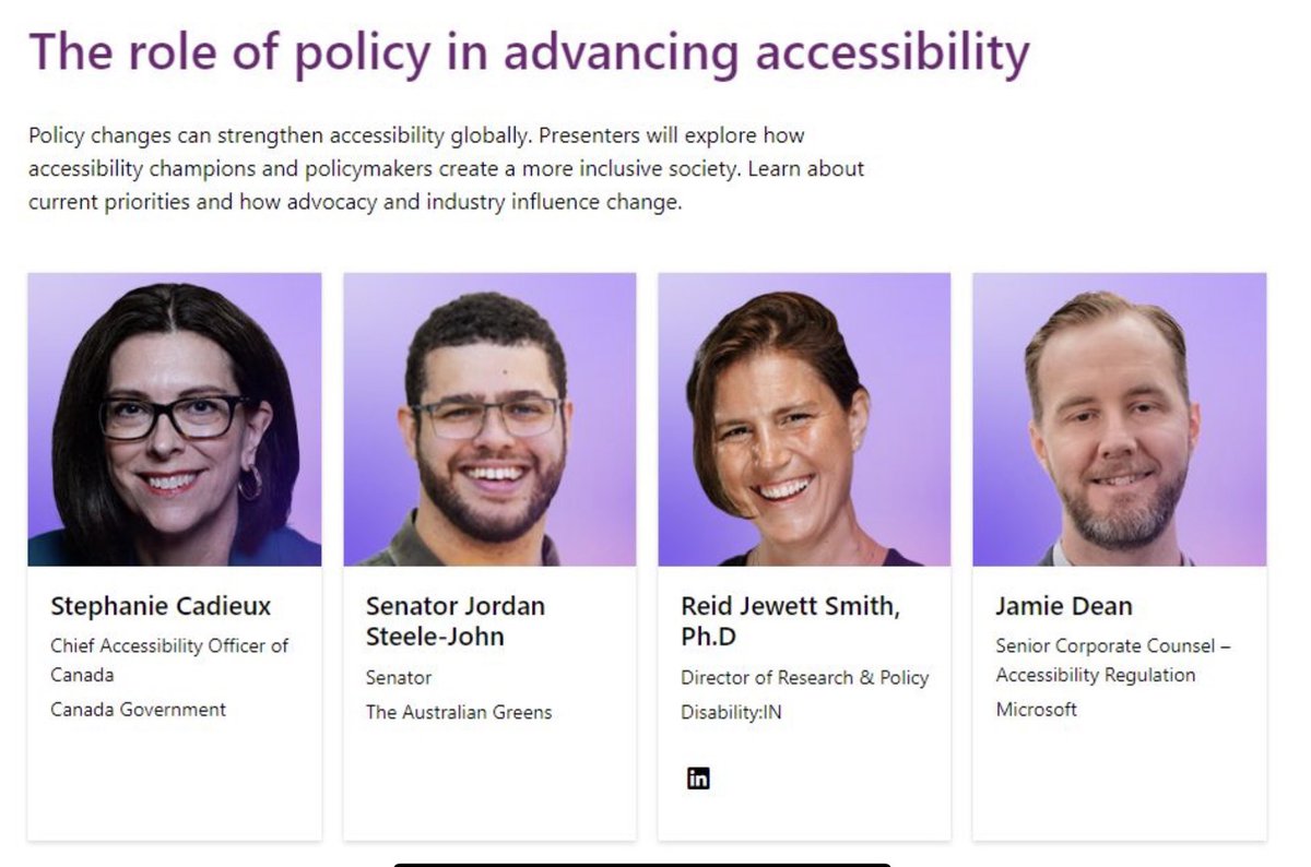 Four weeks to go until #AbilitySummit and all sessions are live including this one on the future of policy in #accessibility. Just check out the speaker list, CAO @Stephanie4BC, Reid @DisabilityIN, Senator Jordan and our very own Jamie! Woah! Register: abilitysummit.event.microsoft.com