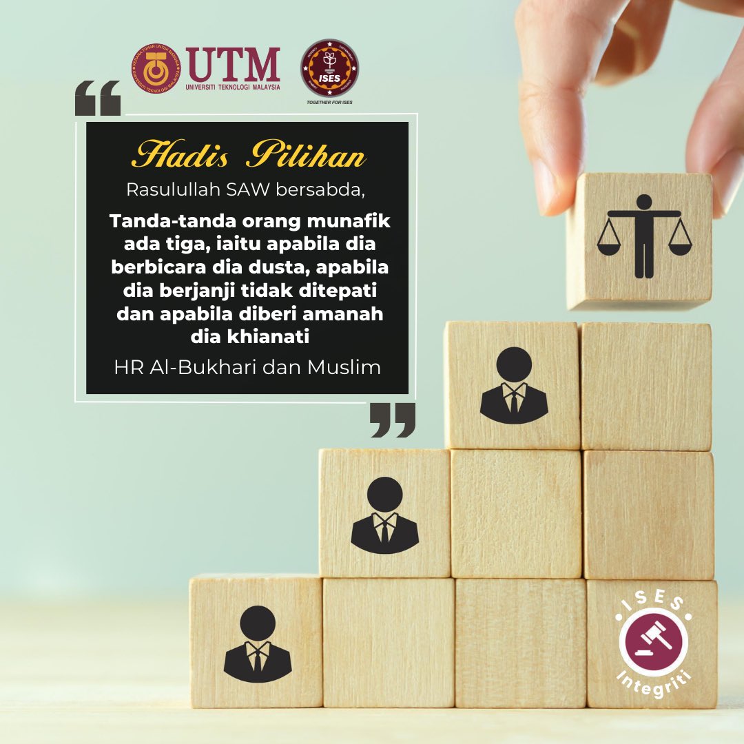 utm_my's tweet photo. Sifat munafik merupakan salah satu sifat yang sangat dibenci oleh Allah SWT. Jadi, marilah kita menjauhi sifat tersebut.
#HadisPilihanMingguIni
#UniversitiTeknologiMalaysia
#KeranaTuhanUntukManusia
#IamUTM https://t.co/qU7jS49dXc