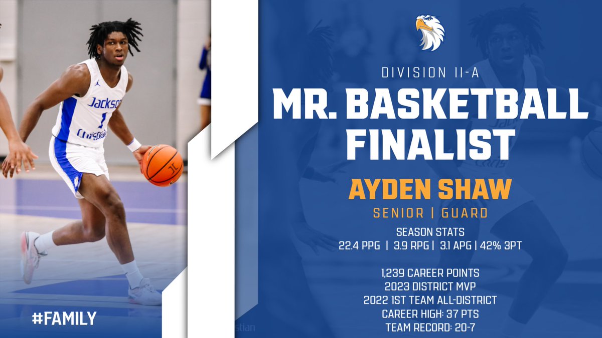 Congratulations to Ayden Shaw on being named a 2023-2024 TSSAA Division II-A Mr. Basketball Finalist! Winner will be announced March 12th at MTSU’s Murphy Center.