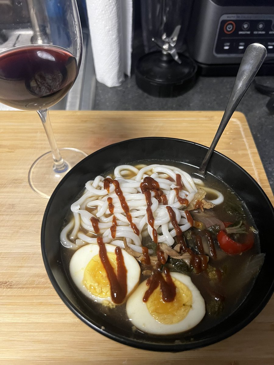 16BitPicnic's tweet photo. when you’re sick you make chicken teriyaki soup but then you boil an egg and put udon noods in it so now it’s ramen and you’re SICK but you want the picture to look nice so you put the last of your grape juice in a wine glass https://t.co/Dy84Npk1C2