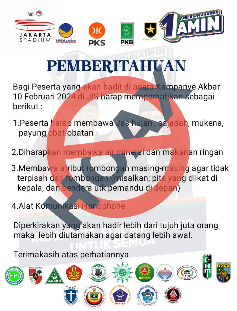 HOAX!!! 

Beredar E Flyer di WAG terkait himbauan kampanye akbar salah satu Paslon Capres Cawapres yang kemudian mencantumkan logo resmi GP Ansor dan Banser. GP Ansor tidak pernah terkait secara keorganisasian dalam dukung mendukung dalam kontestasi Pilpres. Mencatut logo
