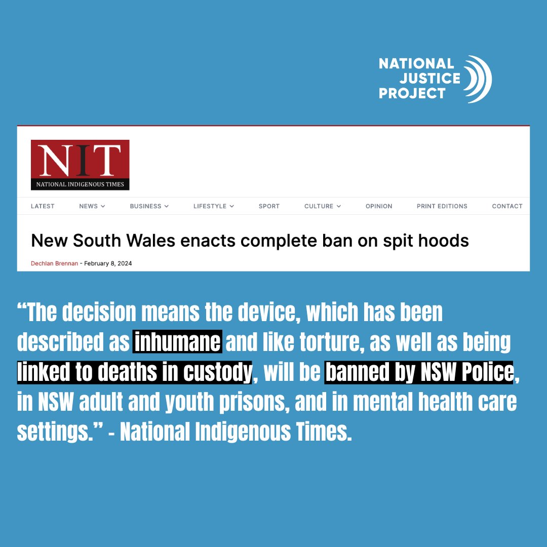 A huge win for our friends @jumbunnainst @latoya_rule, as NSW enacts a complete ban on the use of dangerous, dehumanising spit hoods. Spit hoods have no place in our prisons and mental health care facilities and it needs to be banned in every state and territory, no exceptions.