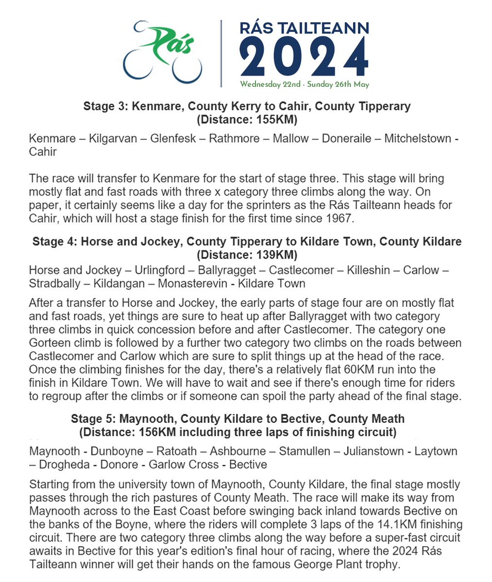 The 2024 edition of the Rás Tailteann will take place from Wed, May 22nd to Sun, May 26th. This is the 69th edition of the race.

1⃣ Tullamore-Kilmallock
2⃣ Kanturk-Sneem
3⃣ Kenmare-Cahir
4⃣ Horse &amp; Jockey-Kildare
5⃣ Maynooth-Bective

#Rás2024 #MenOfTheRás
Route map Emmet Roche.