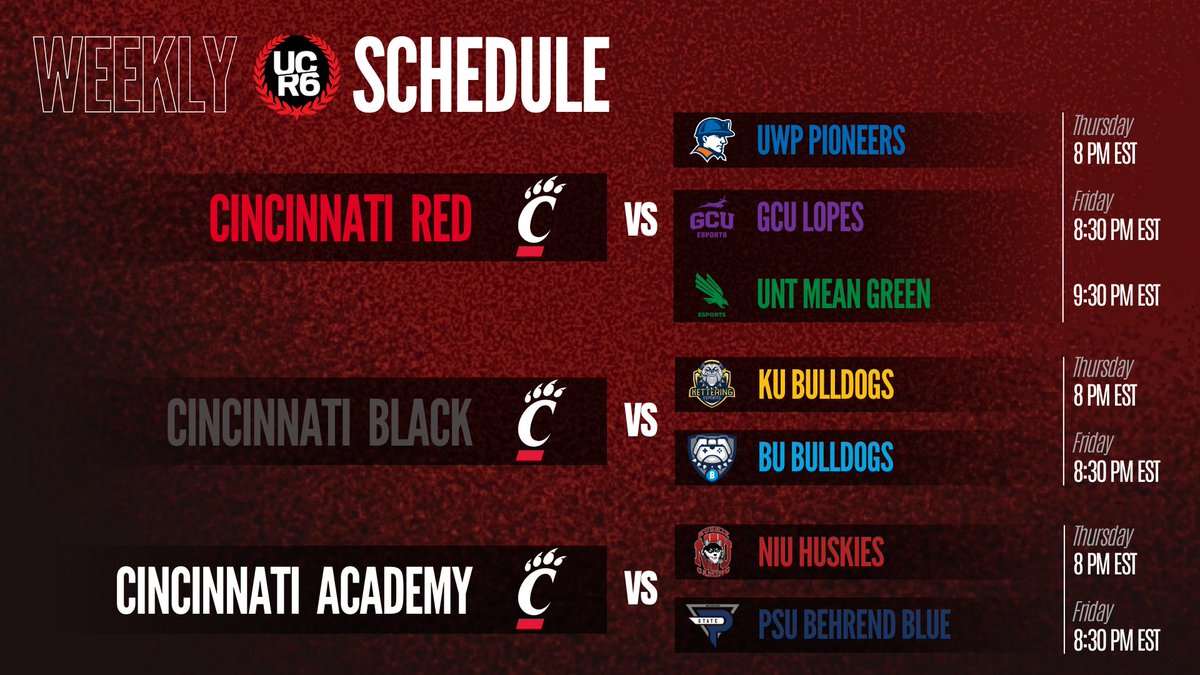 🔥GAME DAY🔥

We kick things off with week 1 of #MWR6

📺Streams⬇️
UC Red: twitch.tv/giliboyr6
UC Black: twitch.tv/uc_rainbow6
UC Acad: m.twitch.tv/pineappleuc/ho…
                    m.twitch.tv/greenbeanuc/ho…

#eSports #CatsBy90