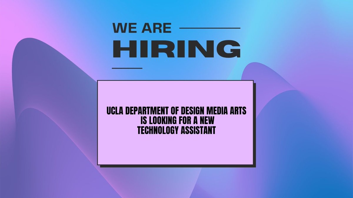 UCLA Department of Design Media Arts is hiring a Technology Assistant (full-time career position, with full UC benefits). Please feel free to share with your networks!

For more information: hr.mycareer.ucla.edu/applicants/jsp…