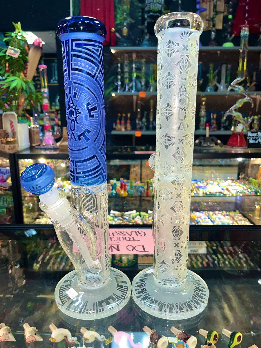 Beautiful frosted glass beaker bongs that look amazing and give you the huge hits you desire! The intricate designs give these glass pieces such a unique look! Both are available at our Aurora IL Wild Leaf Tobacco location. #bongs #waterpipes #frostedglass