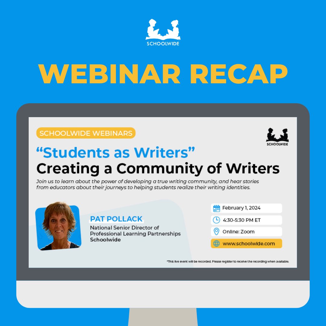 #Webinar #Replay 📢📢

🔗 schoolwide.com/blog/webinar-r…

We’re so excited to share the replay & presentation slides from our Feb 1 webinar, Creating a Community of Writers. We had the opportunity to host 3 inspiring educators to talk about their #writinginstruction journeys.