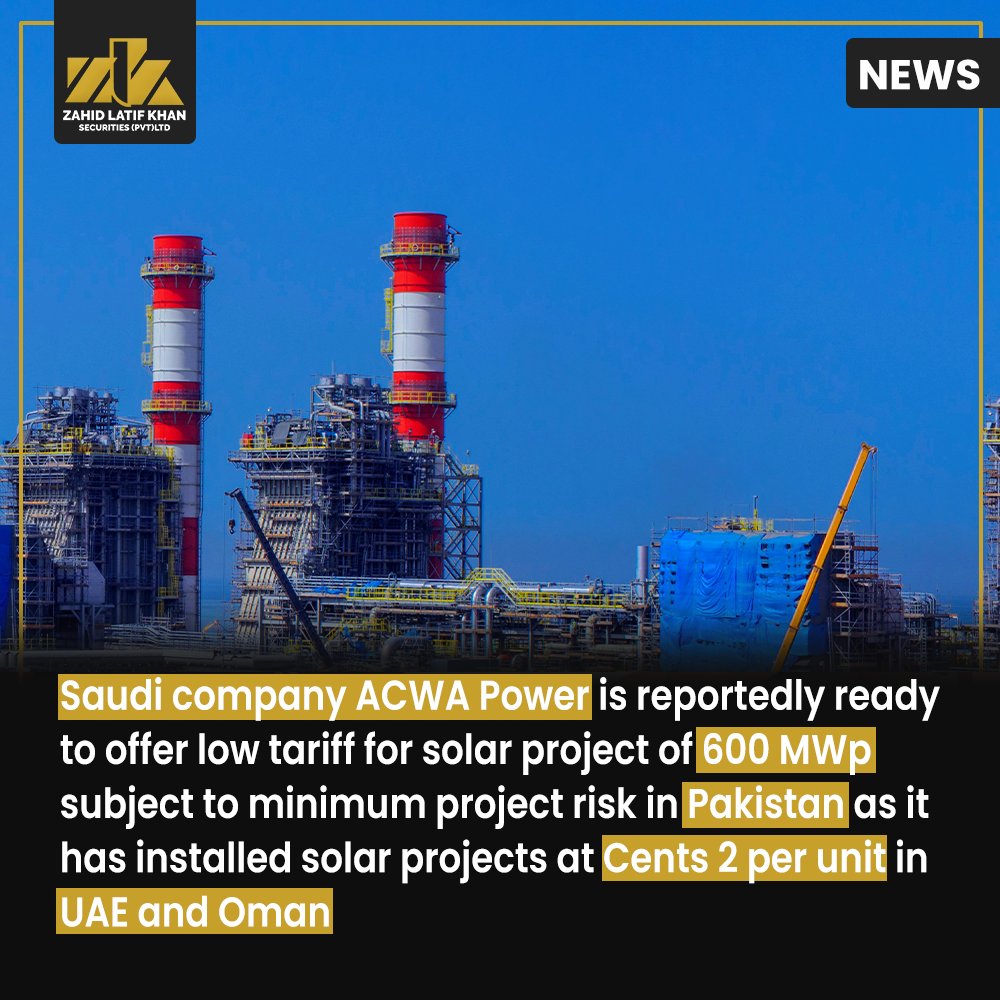 ACWA Power, a Saudi firm, is reportedly prepared to propose a reduced tariff for a 600 MWp solar project in Pakistan, provided there is minimal project risk. 

#ZLKSecurities #ACWA #SolarProject #project