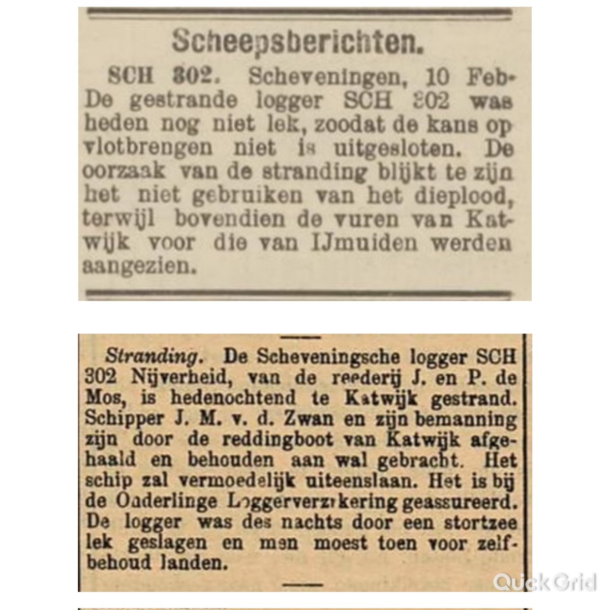 9 februari 1903, stranding bij Katwijk van de logger SCH 302, Nijverheid III van rederij J. &amp; E. de Mos uit Scheveningen met schipper Jan van der Zwan. Het schip ging verloren, de acht bemanningsleden werden gered.
Foto uit 1903, <a href="/muzeeschevening/">Muzee Scheveningen</a> , kranten collectie @DelpherNL