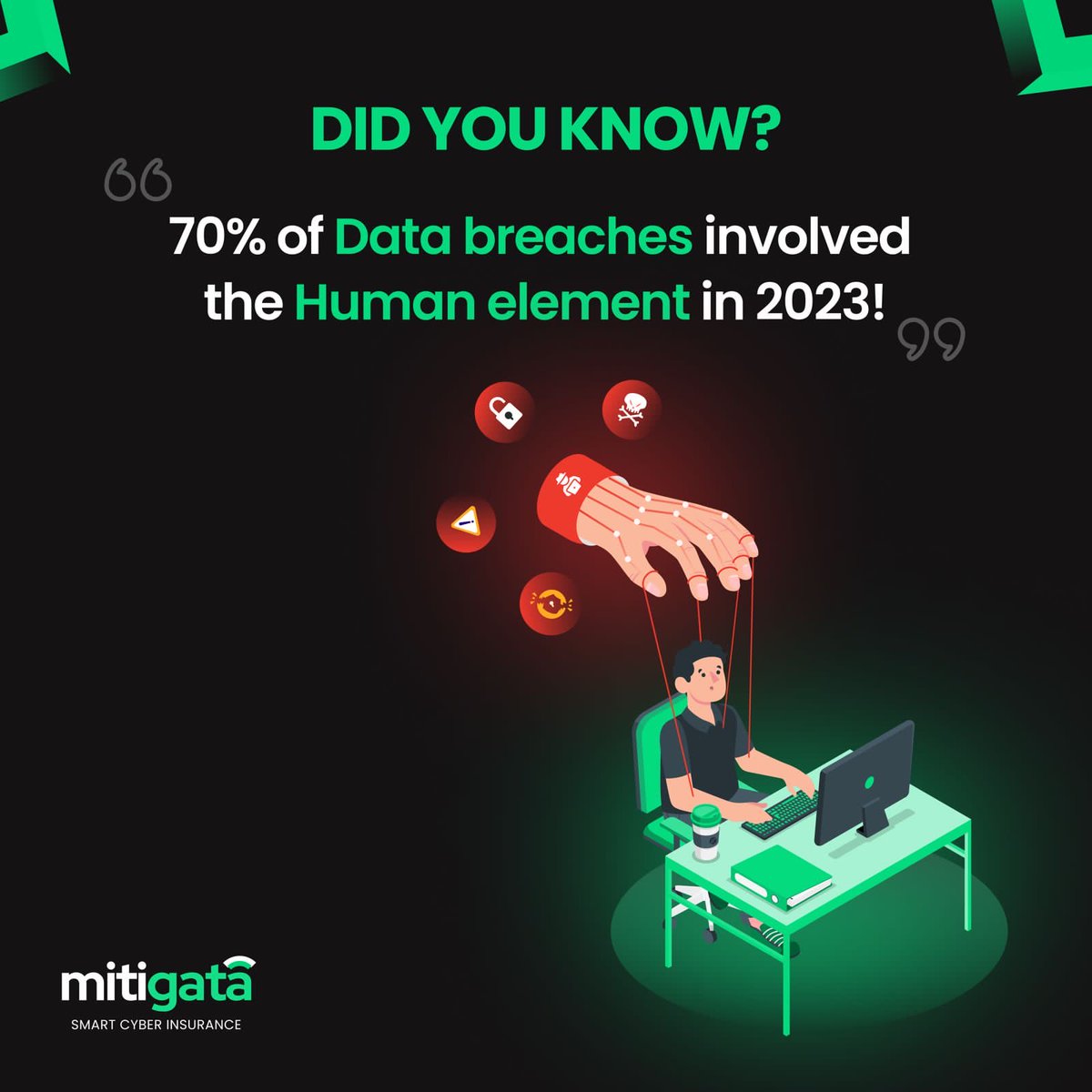 Did you know? 70% of data breaches in 2023 were due to human error. 😱 

Stay secure with Mitigata – we offer tailored cybersecurity solutions and cyber insurance for peace of mind. 
#CyberSecurity #CyberInsurance #MitigataProtection