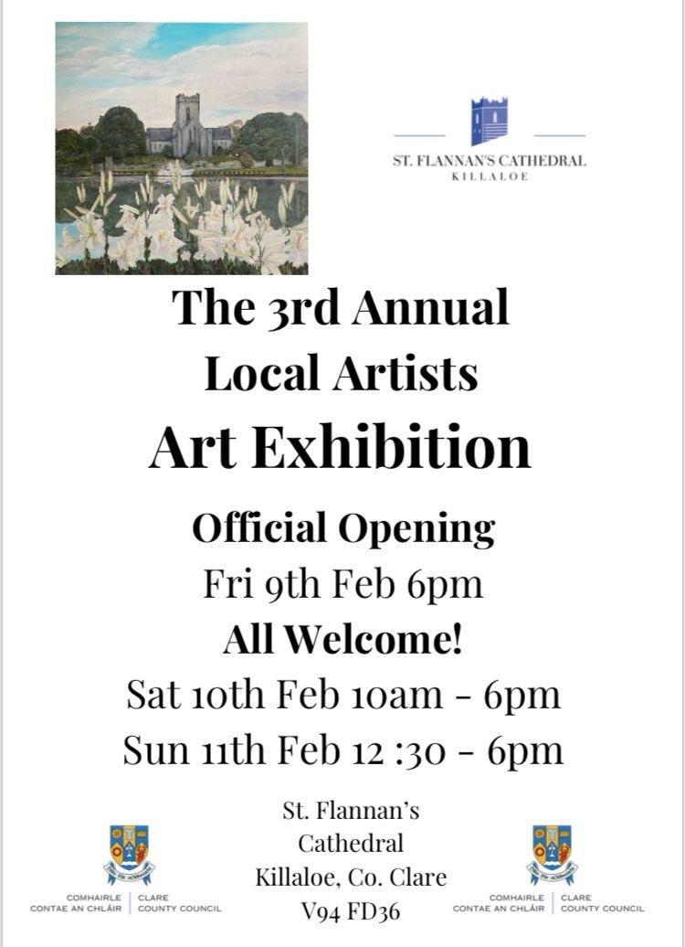 Launch at 6pm this evening Friday 9th Feb. Wonderful art pieces by local artists. Open Sat and Sun in the nave of Killaloe’s 13th century cathedral. A chance to buy a truly unique art piece directly from the artist! #irishart #killaloe @ClareArtsOffice