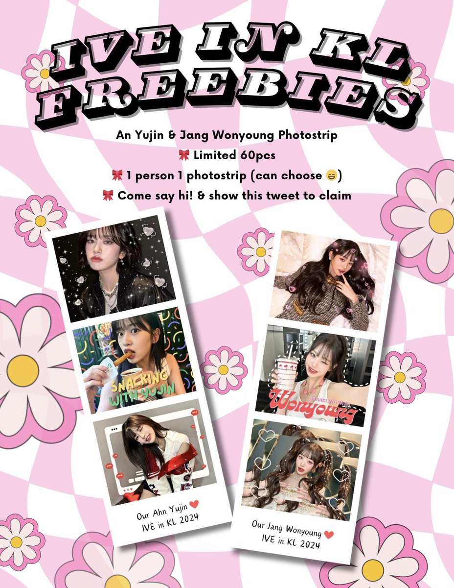 morelikebangtan's tweet photo. 💘 IVE SHOW WHAT I HAVE IN KL FREEBIES BY DEE 💘

✧ limited 60pcs
✧ 1 each (can choose) 
✧ come say hi! &amp; show tweet to claim 

rts &amp; likes are appreciated! open to trade as well 🫶🏼

#IVE #IVEinMY #IVEinKL #안유진 #AnYujin #장원영 #JangWonyoung #SHOW_WHAT_I_HAVE_IN_KL https://t.co/dAZXXVzZ0D