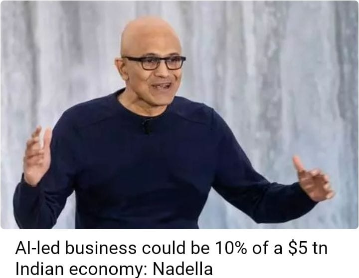 🚀 'If the Indian economy is going to be $5 Trillion, #AI-led businesses could contribute to $500 Billion out of it (10% of India's economy!)' - @satyanadella This bold prediction from #SatyaNadella underlines the transformative power of #ArtificialIntelligence. AI is not just…