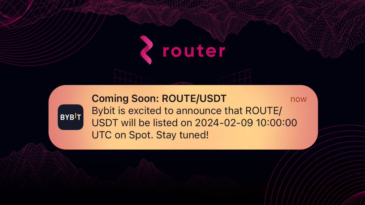 routerprotocol's tweet photo. It's Official! 🚀

$ROUTE listing day on @Bybit_Official exchange is today, 9th Feb, at 10:00 AM UTC. 

Deposits for $ROUTE are now open on Bybit! https://t.co/GPvjT83ILX