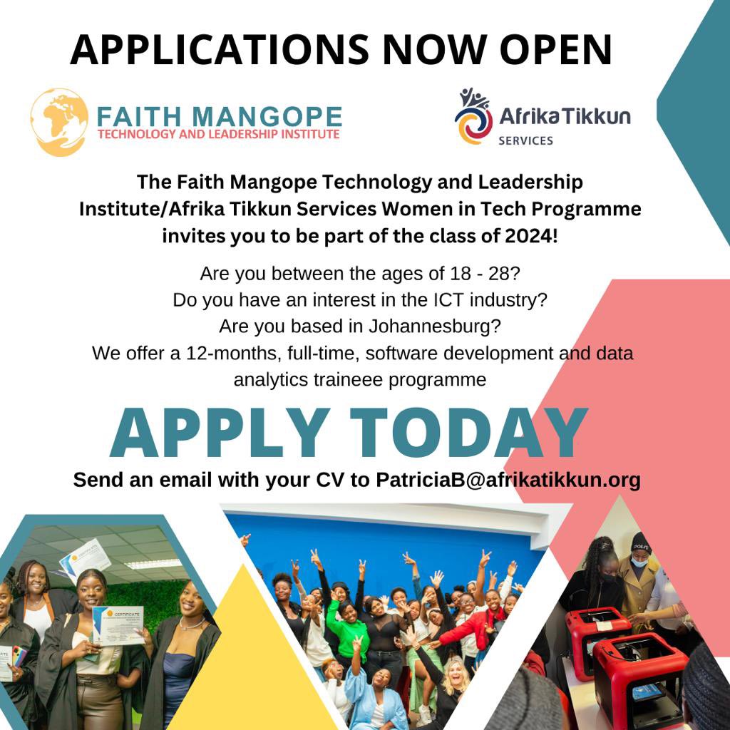 FaithMangope's tweet image. ALERT!🚨 Please Pass!!!The Faith Mangope Technology &amp;amp; Leadership Institute/Afrika Tikkun Services “Women in Tech” program is officially open for 2024 applicants! This year we are proud to announce we will also be taking in Men! 12 month skills training in: Data Analytics,…