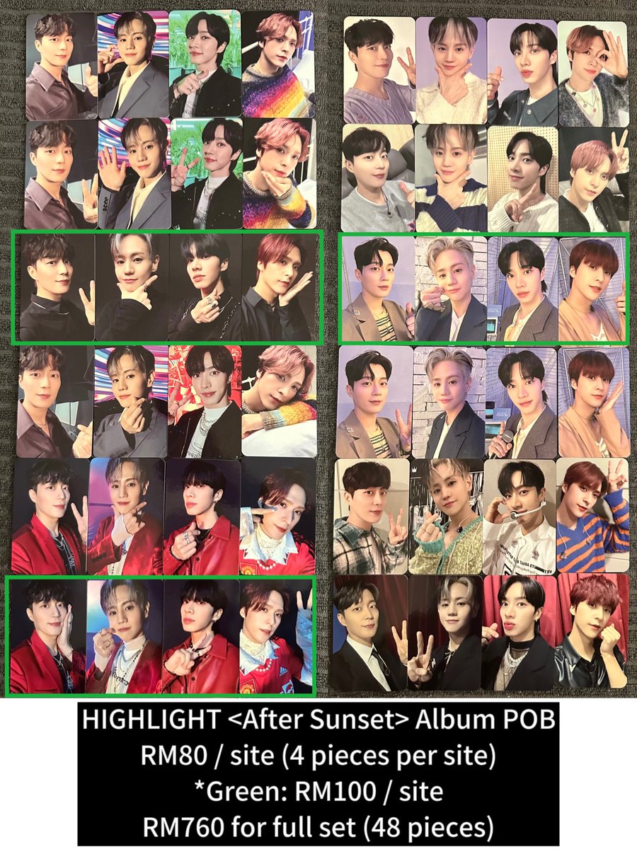 Byour_Light's tweet photo. [WTS]

HIGHLIGHT <After Sunset> Album POB

RM80 / site (4 pieces per site)
*in green box: RM100 / site
RM760 for full set (48 pieces)

*priority selling in full set

#HIGHLIGHT #하이라이트 
#PasarBeastHighlight
@PasarB2stHl https://t.co/2kUZyqo2Mp