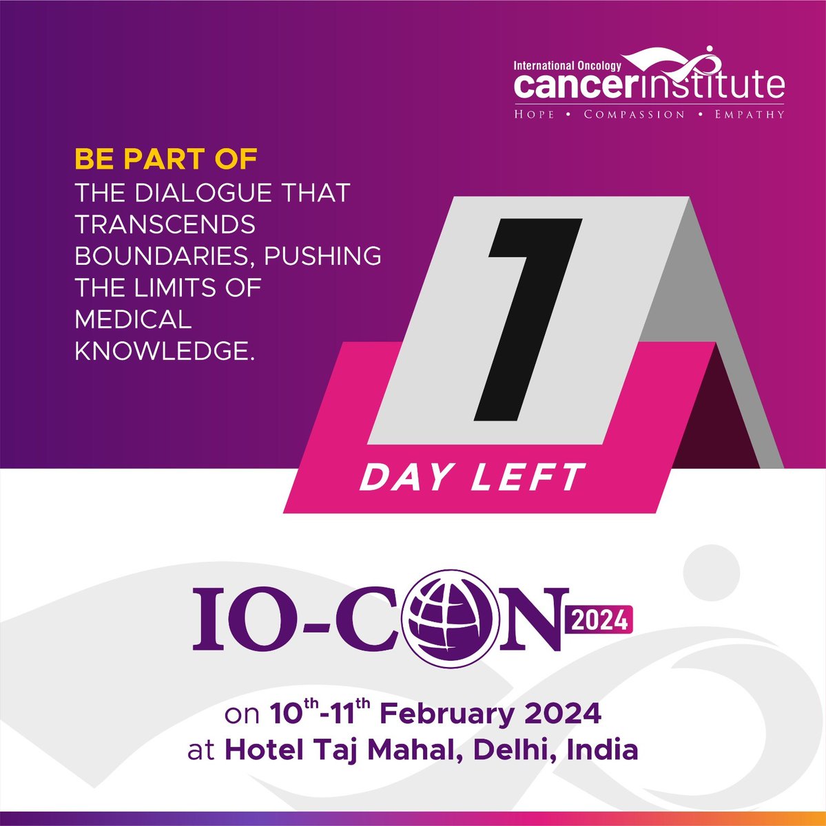 Only 1 day left to join us at IO-CON 2024, where hope, compassion, and empathy converge to push the limits of medical knowledge. Be part of the transformative dialogue! #IOCON2024 #CancerInstitute #MedicalInnovation #IOCI #Delhi #Cancer