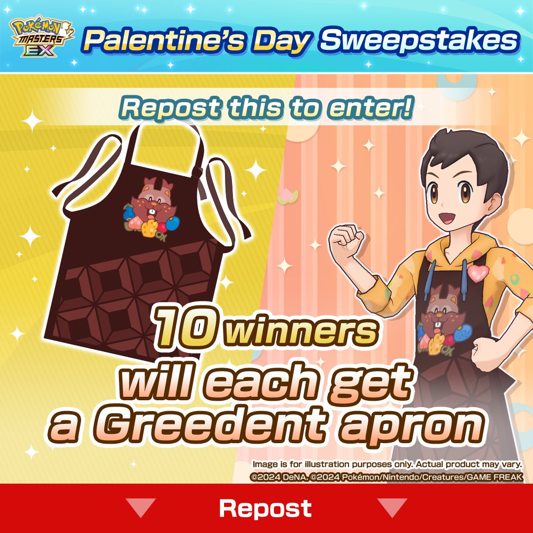 💖 Palentine’s Day Sweepstakes 💖

Heard you’d like your own Greedent apron. 😁 Well, follow the steps below and you might just win one!

How to enter:
1. Follow <a href="/PokemonMasters/">Pokémon Masters EX</a>.
2. Repost this post.

bit.ly/3SqVr1S

#PokemonMasters