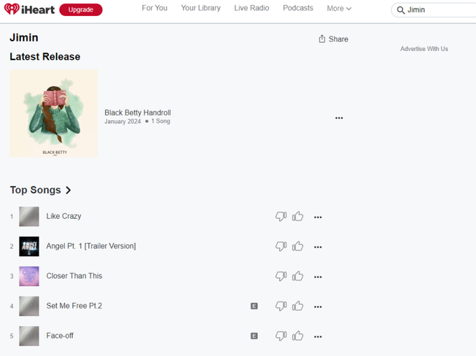 Jimin_wave1013O's tweet photo. 📢📢📢🚨🚨🚨
@iHeartRadio @bts_bighit @HYBEOFFICIALtwt
@BIGHIT_MUSIC @GeffenRecords
Is there a reason why Jimin's profile on iHeart's website that also includes the All Access streaming service has been claimed by some random person? Fix this!! https://t.co/z1sMKNKh98 https://t.co/dUyxImeGaK