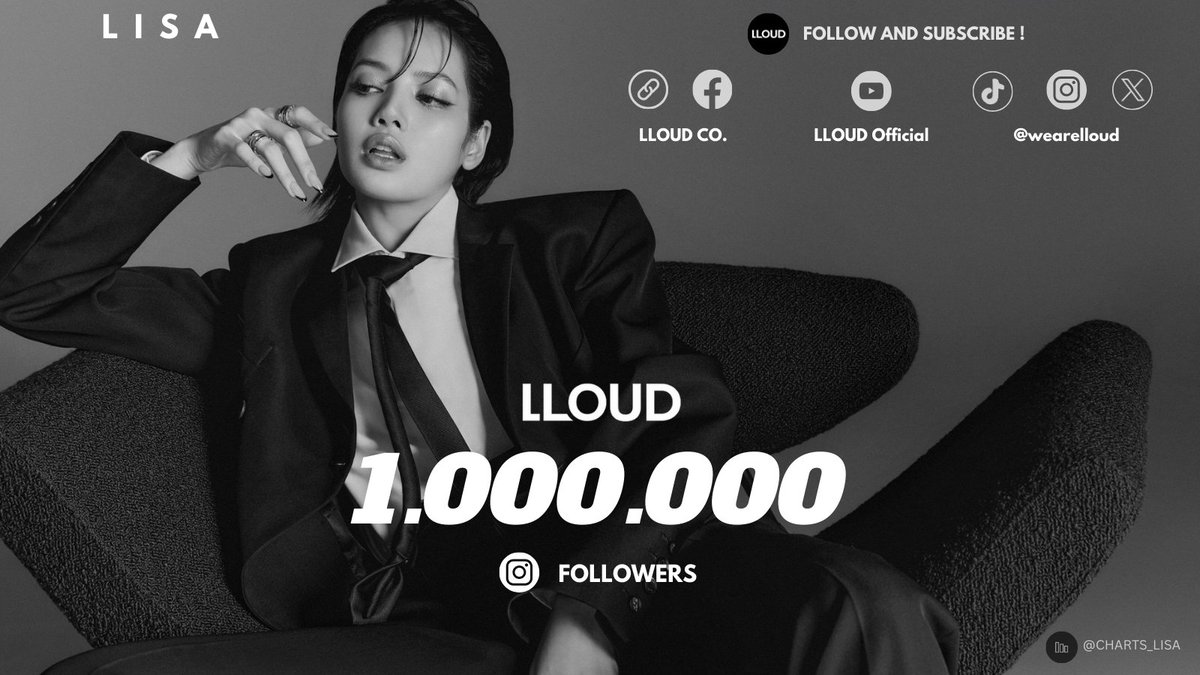 CHARTS_LISA's tweet photo. #LISA 's music and entertainment label, @wearelloud, has now surpassed 1 Million followers on Instagram! 

Please follow and subscribe to all #LLOUD 's official accounts. 

LLOUD CEO LISA 
#LLOUDByLalisa 
#WeAreLloud https://t.co/lTMgnTxgbY